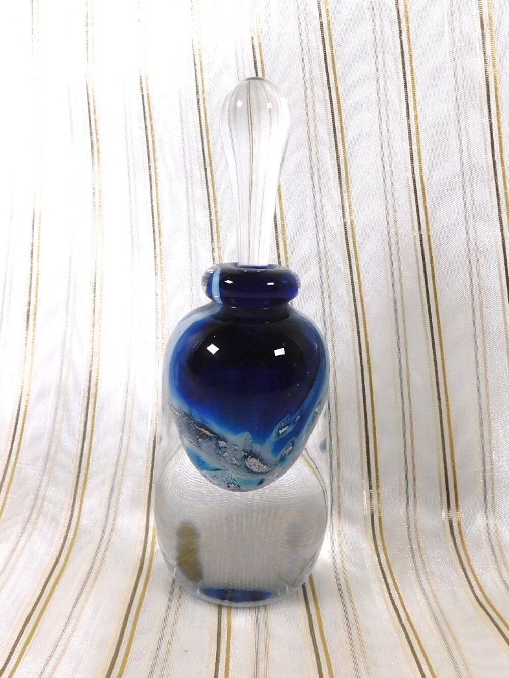 Signed Blue and White Hand Blown Art Glass Perfume Bottle # 26434